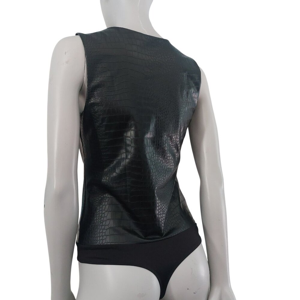 Black Faux Leather Bodysuit M Tank Top Croc Embossed Basic Layer Edgy EXPRESS - Picture 7 of 14